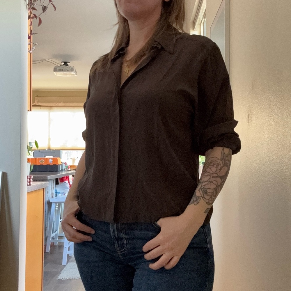 100% Silk Shirt Cropped Sleeves Brown S